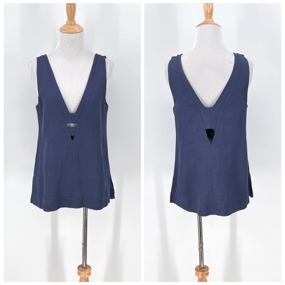 REISS Emi V Neck Sleeveless Linen Blend Top Womens 2 Blue Minimalist Cut Out